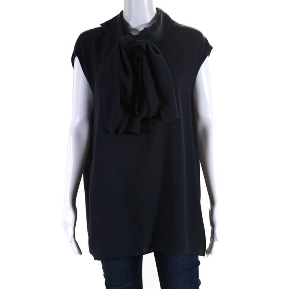 Designer Women's Collared Sleeveless Tie Neck Blouse Navy Blue Size S